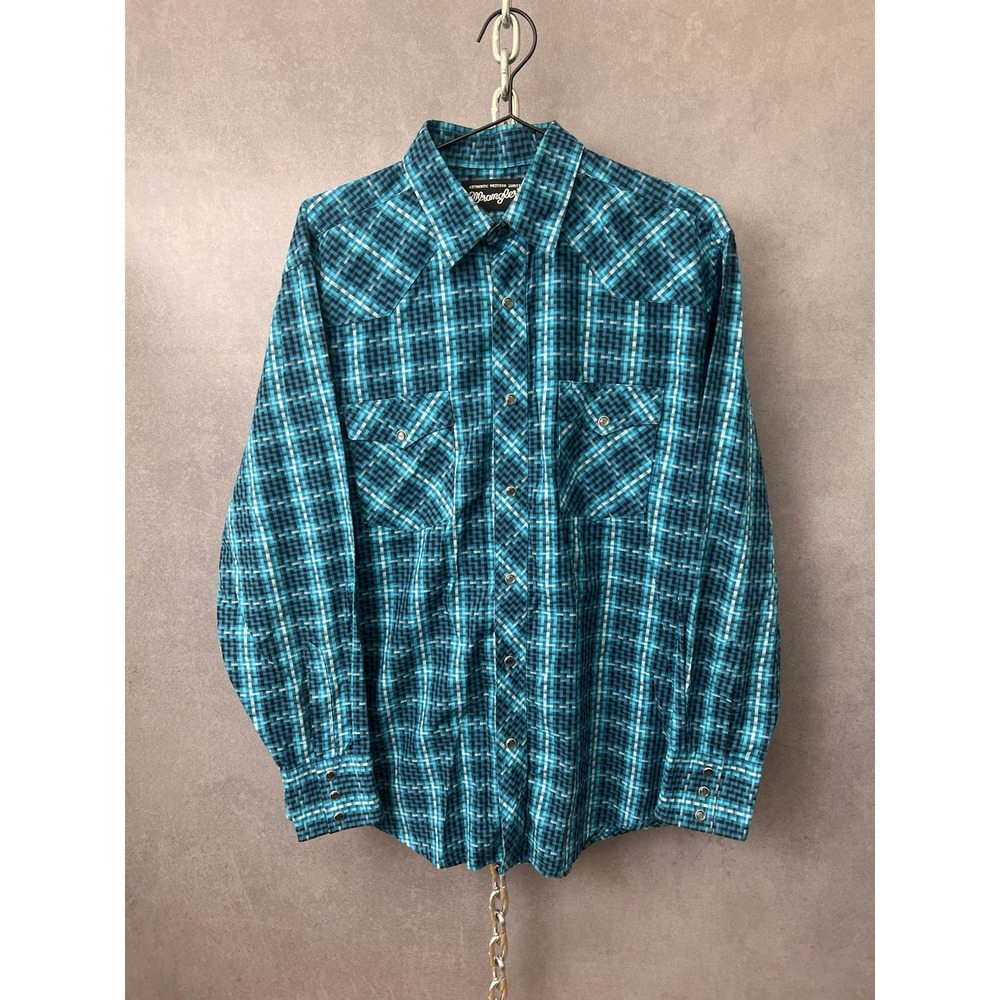 Rare Vintage‎ WRANGLER Western Striped Pearl Snap Button Front Shirt 90s Blue S